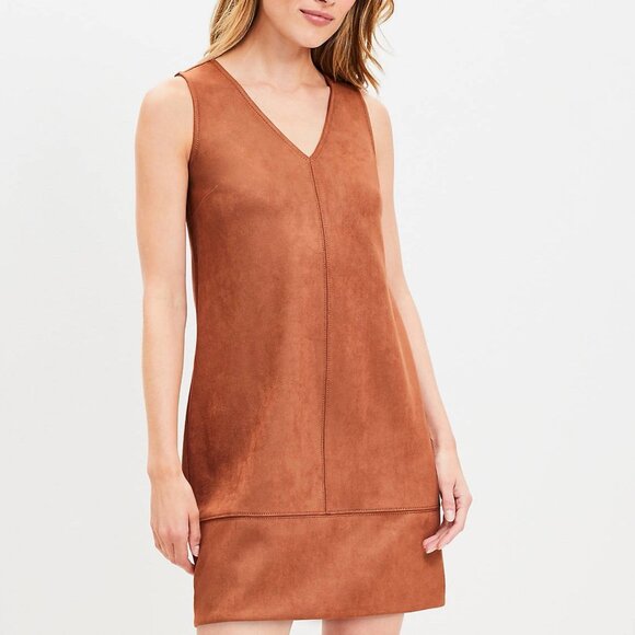 Loft Brown Faux Suede Mini Shift Dress Size 4 V-Neck Casual Spring Boho Preppy - Picture 11 of 11